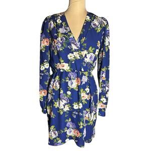 Lulu's Mini Floral Dress Faux Wrap Longsleeve V-neck Cocktail Navy Blue XS Chic